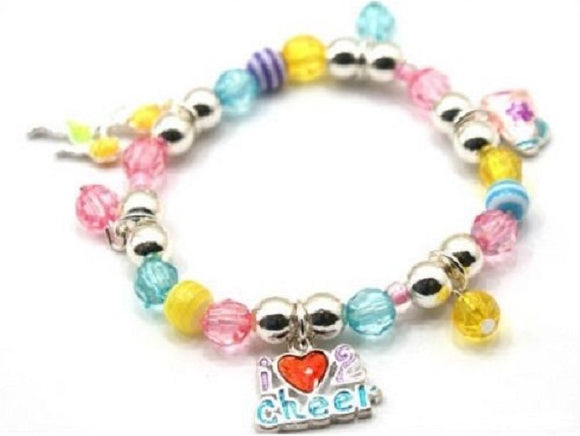 Silver and Multi Color Beaded Kids Stretch Bracelet with Cheer Charms ( 26591 )
