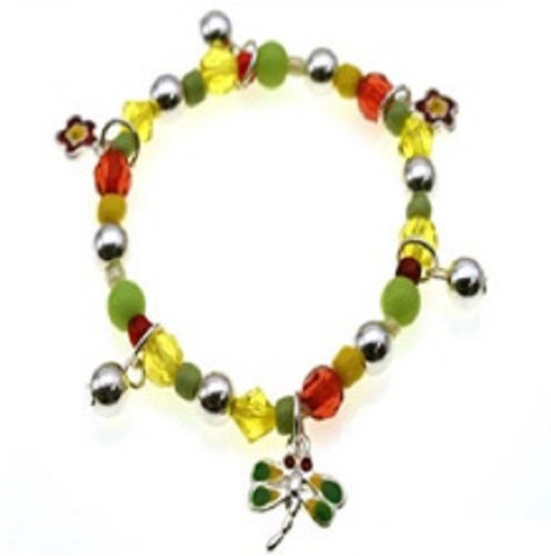 Multi Color Beaded Kids Stretch Bracelet with Dragonfly and Flower Charms