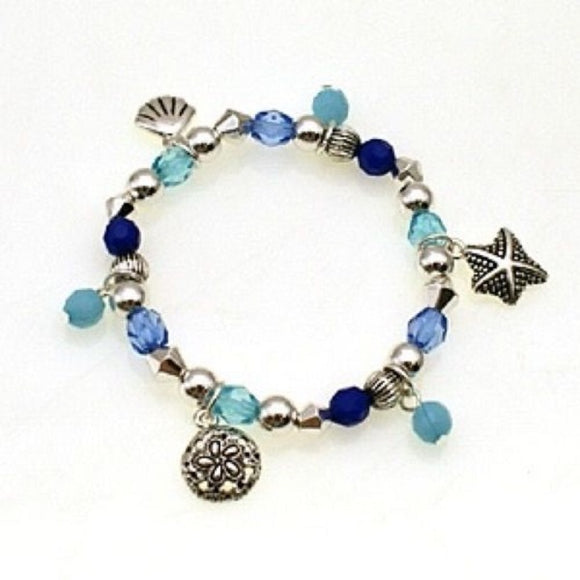 Blue and Silver Beaded Kids Stretch Bracelet with Sea Animal Theme Charms ( 30901 )