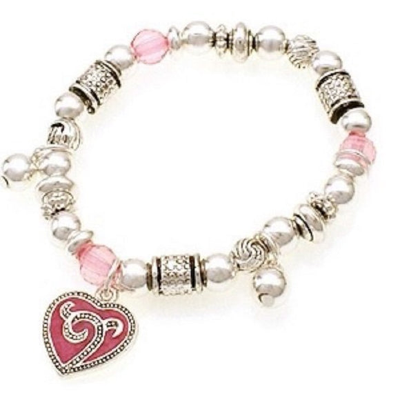 Silver Beaded Kids Stretch Bracelet with Pink Heart Charm