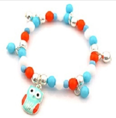 Blue, Orange, and White Beaded Kids Stretch Bracelet with Owl Charm