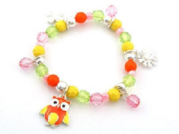 Multi Color Beaded Kids Bracelet with Orange and Yellow Owl Charm