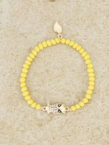 Yellow Beaded Stretch Bracelet with Gold Rhinestone Owl Charm ( 4296 )