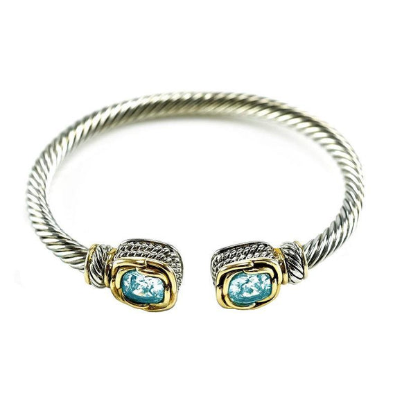 Two Tone Twisted Cable Cuff with Square Aqua Blue CZ Stones ( 681 AQ ) - Ohmyjewelry.com
