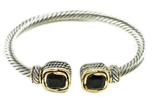Two Tone Twisted Cable Cuff with Square Black CZ Stones ( 681 BK ) - Ohmyjewelry.com