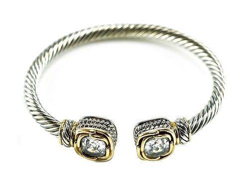 Two Tone Twisted Cable Cuff with Square Clear CZ Stones ( 681 CL ) - Ohmyjewelry.com