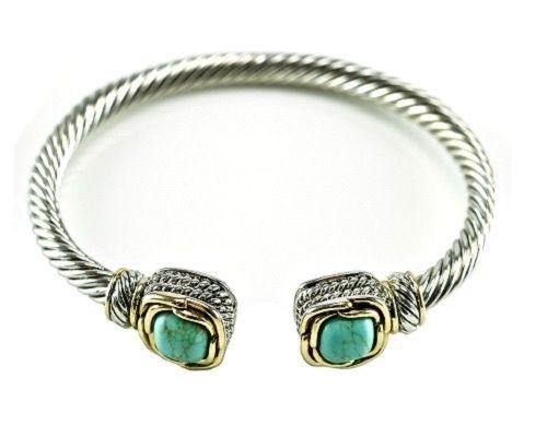 Two Tone Twisted Cable Cuff with Square Turquoise CZ Stones ( 681 TQ ) - Ohmyjewelry.com