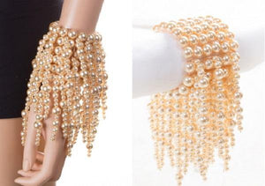 Multi Layered Cream Pearl Fringe Stretch Statement Bracelet ( 0454 CRM ) - Ohmyjewelry.com