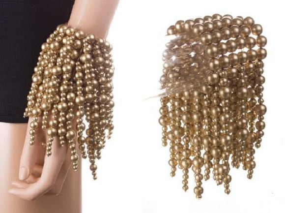 Multi Layered Coppery Gold Pearl Fringe Stretch Statement Bracelet ( 0454 GD ) - Ohmyjewelry.com