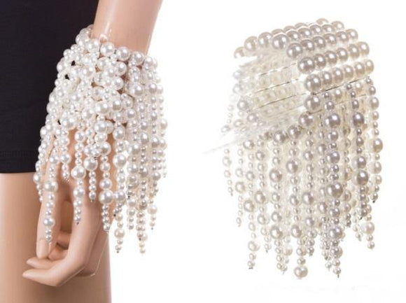 Multi Layered White Pearl Fringe Stretch Statement Bracelet ( 0454 WHT ) - Ohmyjewelry.com