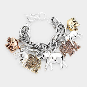 Chunky SILVER AND Gold Elephant Charm Double Linked Toggle Bracelet ( 8410 3T ) - Ohmyjewelry.com