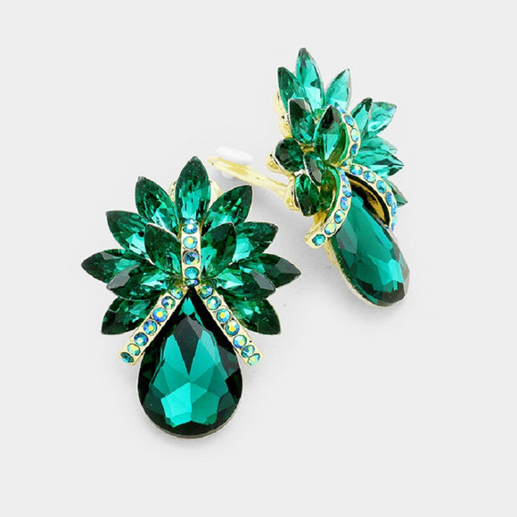 GOLD EMERALD GREEN Pineapple Design Clip On Earrings ( 1404 GEM )