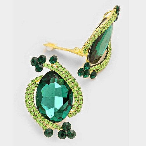 Gold Clip On Earrings with Oval Green Stones ( 1531 )
