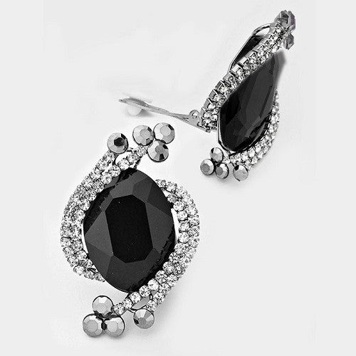 Clip On Earrings with Oval Black and Clear Stones ( 1531 )