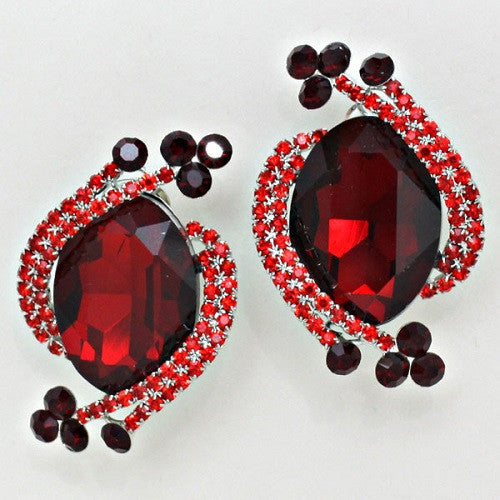 Silver Clip On Earrings with Oval Red Stones