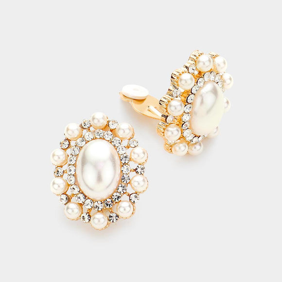 GOLD CLIP ON EARRINGS PEARLS CLEAR STONES ( 193 GCR )