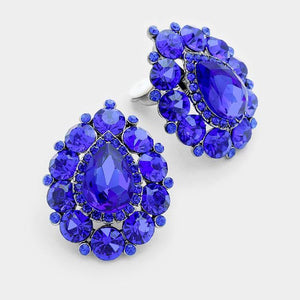 SILVER ROYAL BLUE Stones Teardrop Clip On Earrings ( 4501 SRBL ) - Ohmyjewelry.com