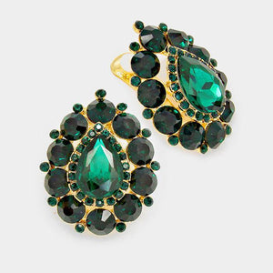 GOLD GREEN Stones Teardrop Clip On Earrings ( 4501 GGR ) - Ohmyjewelry.com
