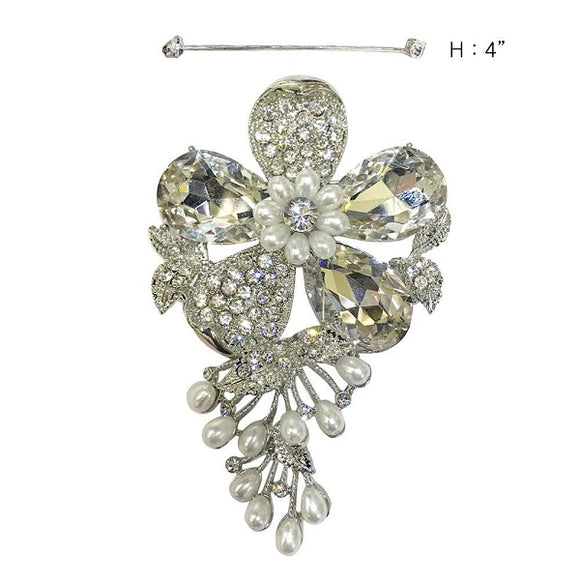 Silver Clear Rhinestone and White Pearl Flower Brooch ( 11615 )