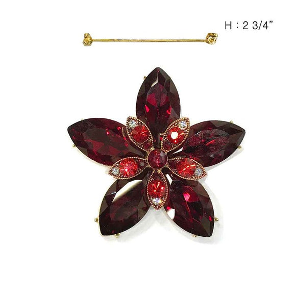 Red 5 Petal Flower Brooch with Gold Accents