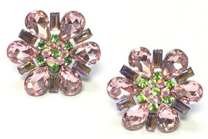 1.4" PINK AND GREEN RHINESTONE CLIP ON EARRINGS ( CME8 ) - Ohmyjewelry.com