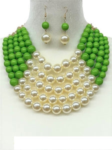 5 LAYER LIME GREEN CREAM PEARL BEADED NECKLACE SET ( 0175 CRMLIME )