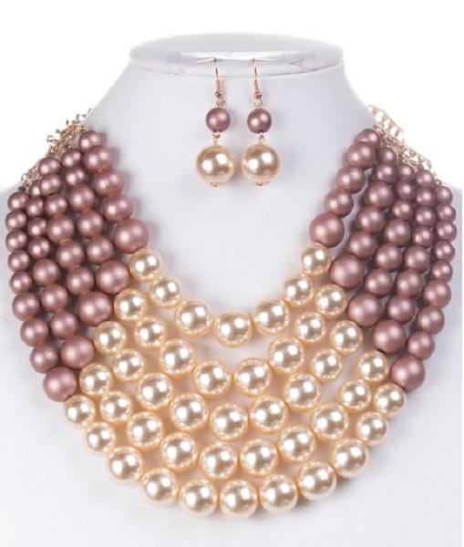 Matte Pink and Cream 5 Layered Pearl Necklace with Matching Dangling Earrings ( 0175 MPK ) - Ohmyjewelry.com