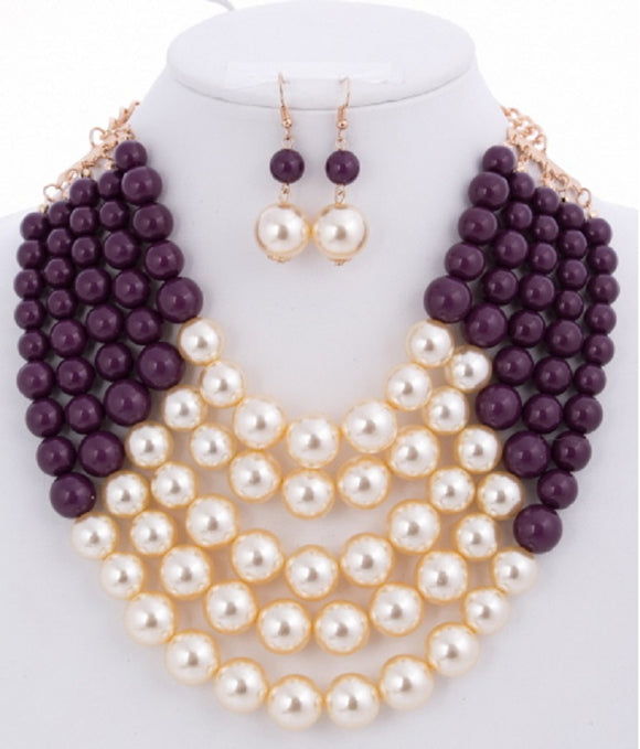 Purple and Cream 5 Layered Pearl Necklace with Matching Dangling Earrings ( 0175 CRMPP )
