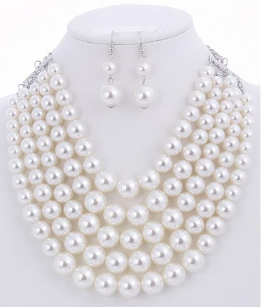White 5 Layered Pearl Necklace with Matching Dangling Earrings ( 0175 WHT ) - Ohmyjewelry.com