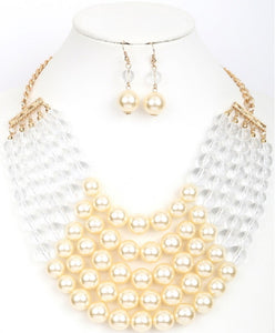 Clear Beaded and Cream 5 Layered Pearl Necklace with Matching Dangling Earrings ( 0175 )