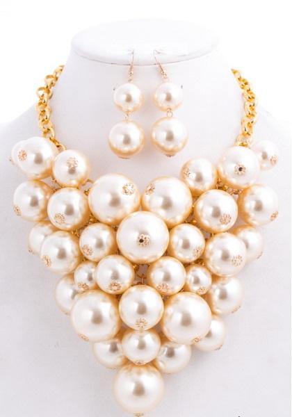 Chunky Cream Pearl Statement Necklace Set ( 0223 ) - Ohmyjewelry.com