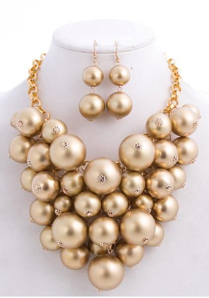 Chunky Gold Coppery Gold Pearl Statement Necklace Set ( 0223 GD ) - Ohmyjewelry.com