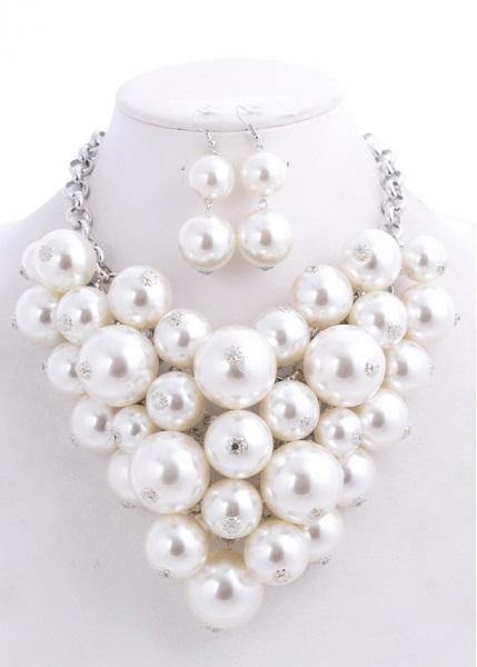 Chunky White Pearl Statement Necklace Set ( 0223 RHWHT ) - Ohmyjewelry.com