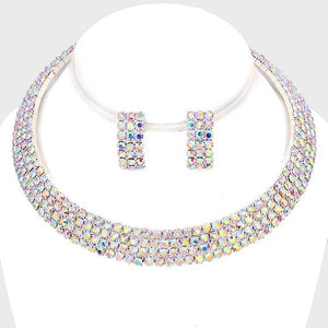 4 LINE SILVER AB RHINESTONE CHOKER NECKLACE SET ( 10719 ) - Ohmyjewelry.com