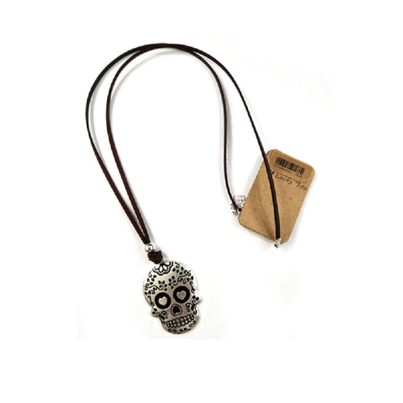 BROWN LEATHER NECKLACE WITH CALAVERA CANDY SKULL PENDANT ( 1646 )