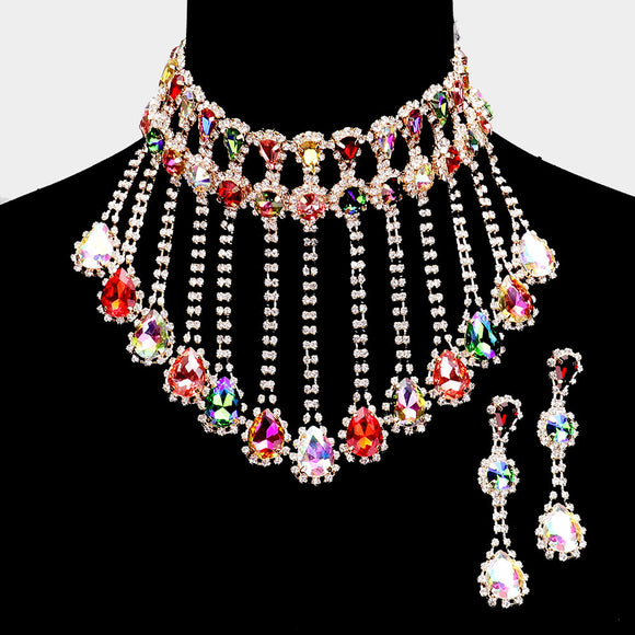 GOLD Necklace Choker with MULTI COLOR Crystal Drop and Matching Earrings ( 2065 GDLMT)