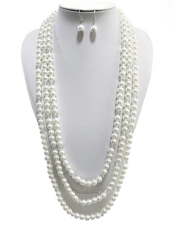 LONG SILVER WHITE PEARL NECKLACE SET ( 2853 RHWHTCL )