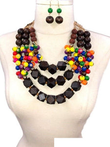 GOLD MULTI COLOR WOODEN NECKLACE SET ( 3328 ) - Ohmyjewelry.com