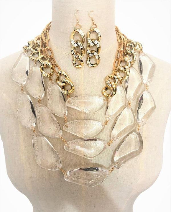 4 LAYER LUCITE CLEAR CHUNKY GOLD FASHION NECKLACE SET ( 3343 GPCL ) - Ohmyjewelry.com