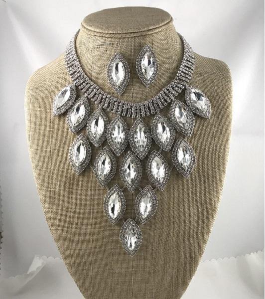 Silver Marquise Pave Statement Necklace with Stud Earrings ( 9029 ) - Ohmyjewelry.com