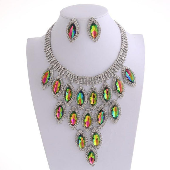 SILVER GREEN FUCHSIA AB MARQUISE PAVE STATEMENT NECKLACE WITH EARRINGS ( 9029 ) - Ohmyjewelry.com