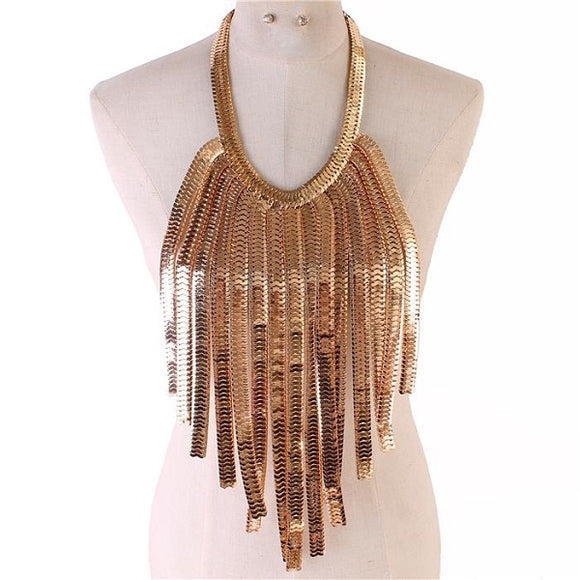 Gold Metal Herringbone Fringe Statement Necklace ( 0160 G )