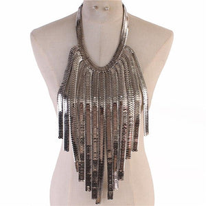 Silver Metal Herringbone Fringe Statement Necklace ( 0160 S )