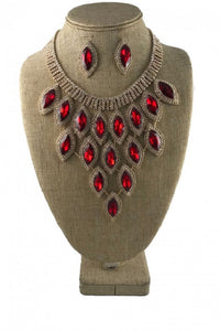 Gold and Red Marquise Pave Statement Necklace with Stud Earrings ( 9029 GRD)