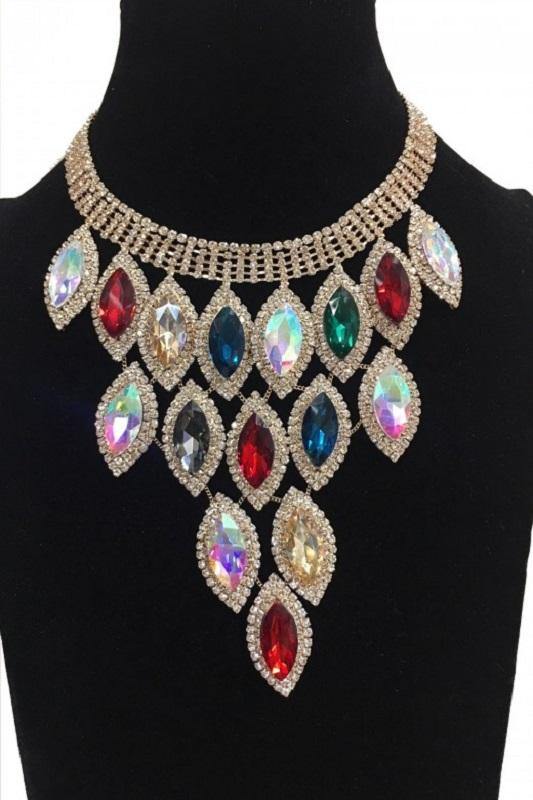 Gold and Multi Color Marquise Pave Statement Necklace with Stud Earrings ( 9029 ) - Ohmyjewelry.com