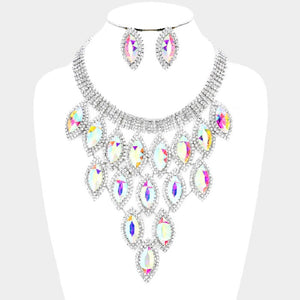 Silver and AB Marquise Pave Statement Necklace with Stud Earrings ( 9029 SAB)