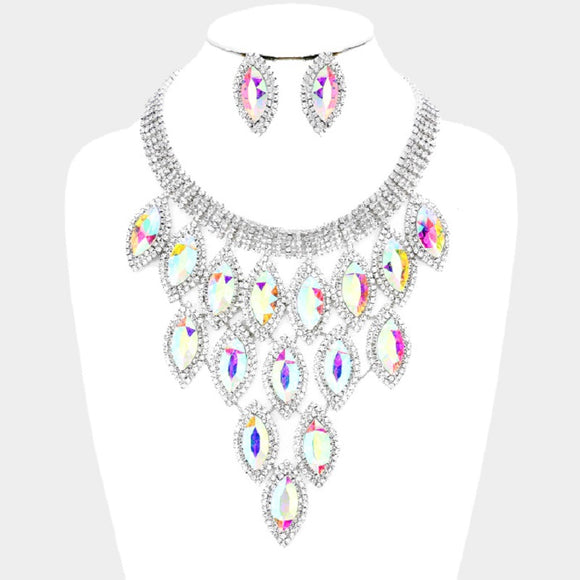 Silver and AB Marquise Pave Statement Necklace with Stud Earrings ( 9029 SAB)