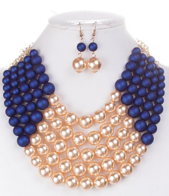Metallic Blue Beaded and Cream 5 Layered Pearl Necklace with Matching Dangling Earrings ( 0175 CRMMBL ) - Ohmyjewelry.com