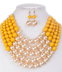 Mustard Yellow Beaded and Cream 5 Layered Pearl Necklace with Matching Dangling Earrings ( 0175 )