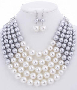 Silver and White 5 Layered Pearl Necklace with Matching Dangling Earrings ( 0175 WHTSIL ) - Ohmyjewelry.com